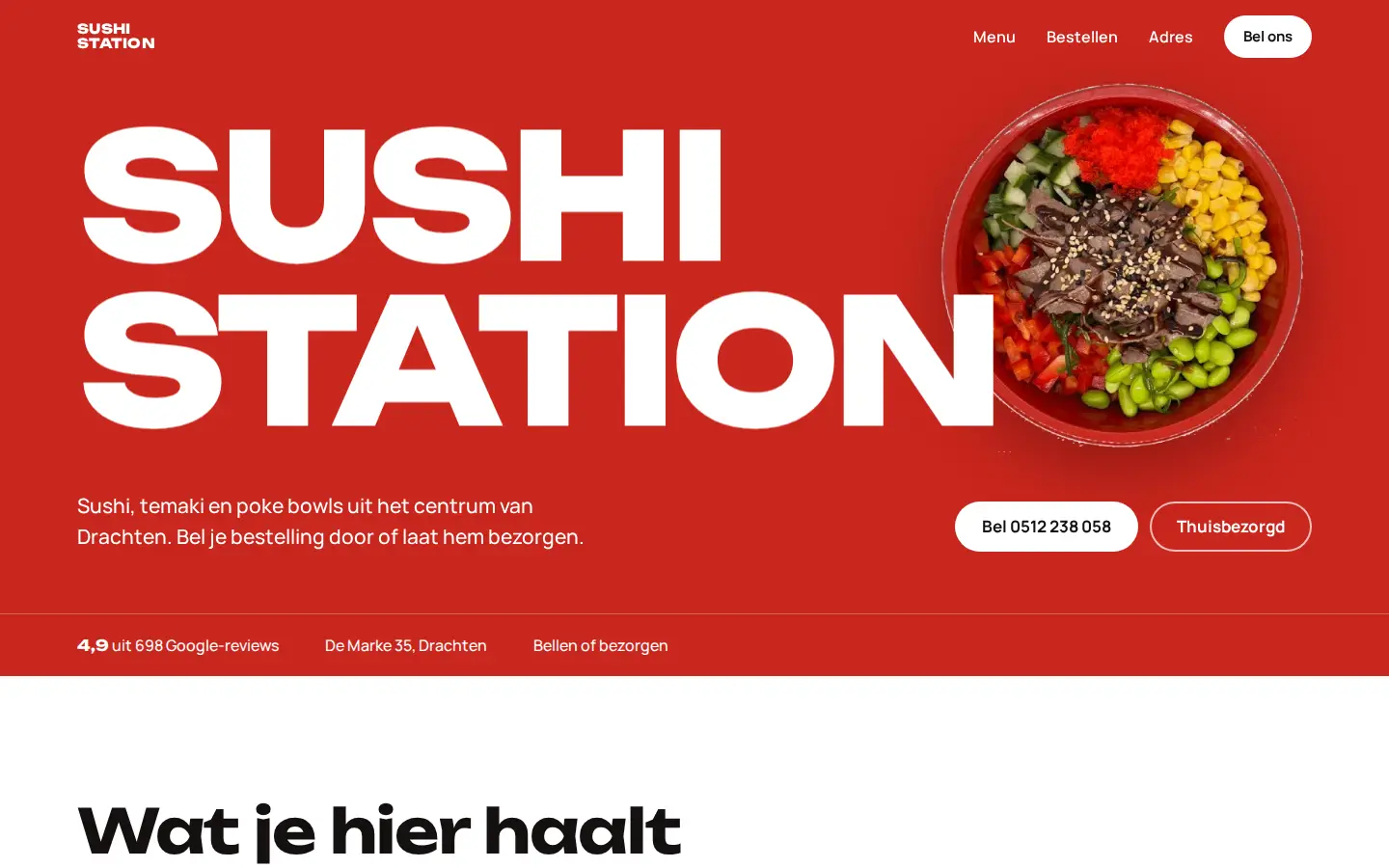 Voorbeeld van richting C: rode pagina met de naam groot in beeld en een poke bowl